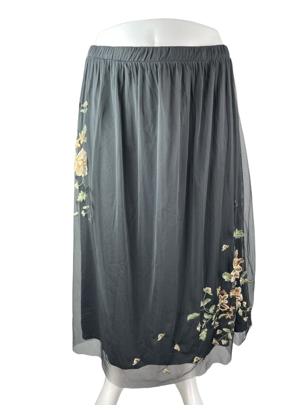 Coldwater Creek Women Gray Mesh Floral Embroidered Pleated Midi Full Skirt Sz 3X